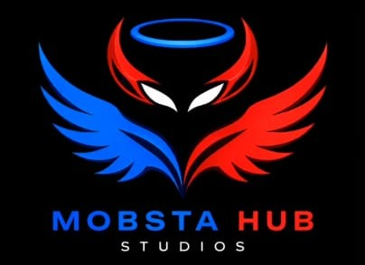 Mobsta Hub Studios logo: a blue halo over red horns, with one blue wing and one red wing.